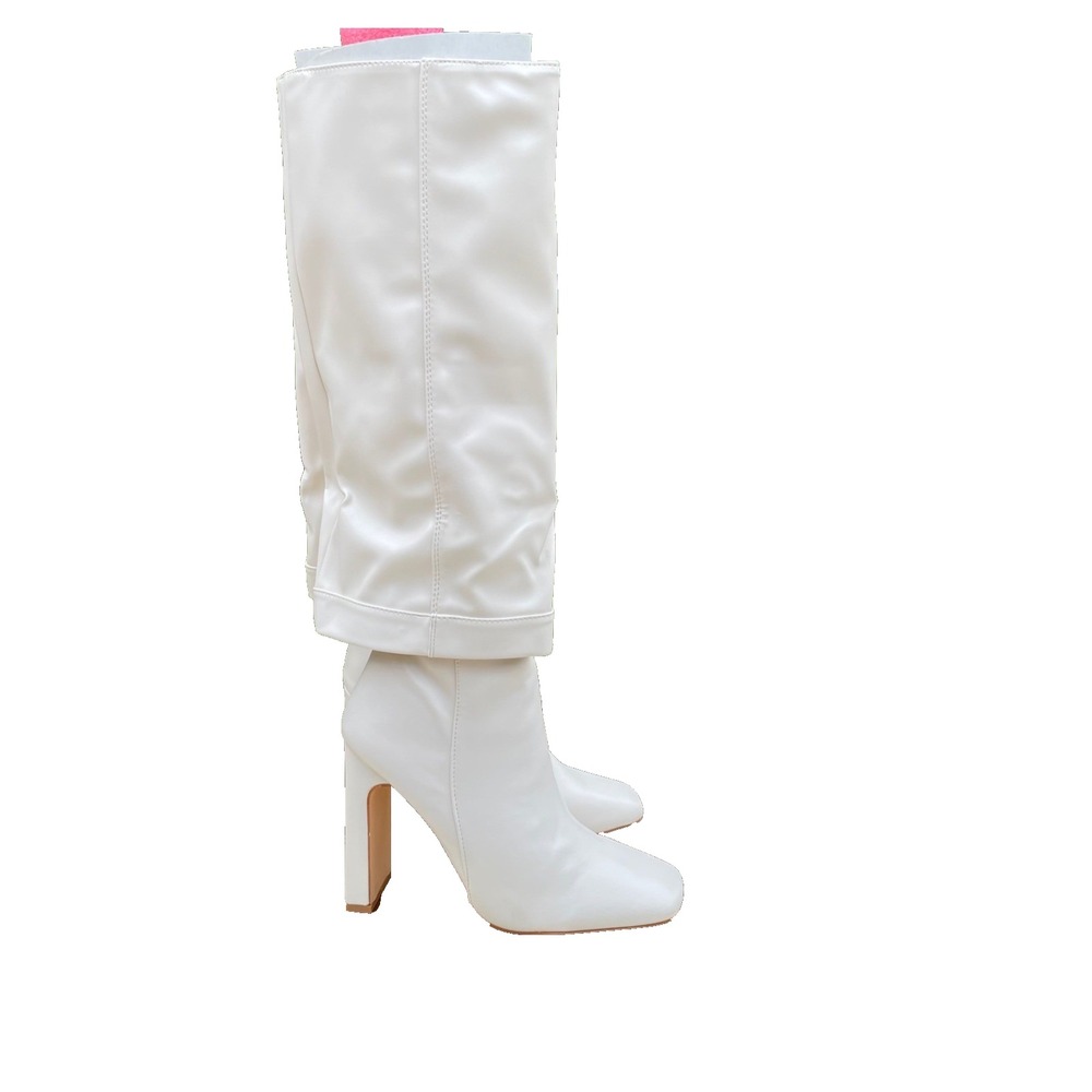 Lulus Cream Knee High Boots Block Heel Square Toe Pull On Fashion Boots